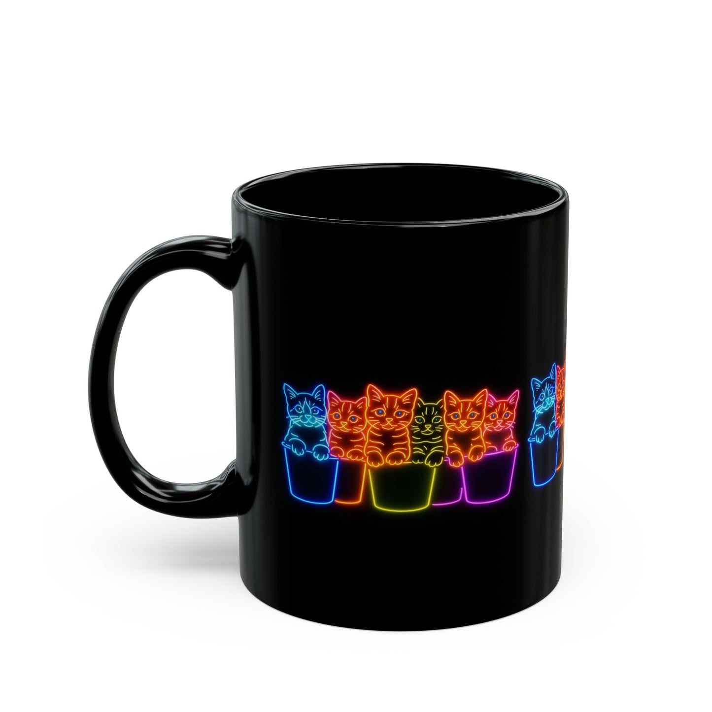 Rainbow Neon Cat Mug – Cute Kittens in Pots | 11oz & 15oz Black Ceramic Coffee Cup | Trippy Cat Lover Gift | Glow Pop Mug for Tea, Cocoa, or Chaos