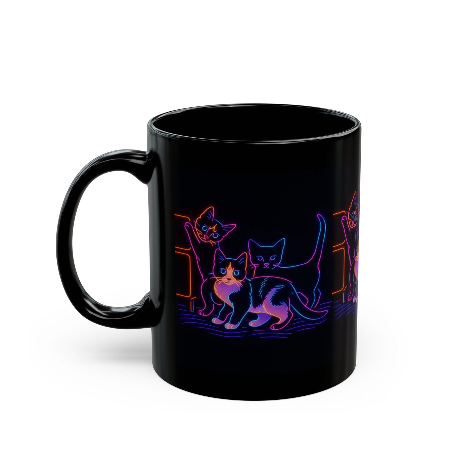 Neon Mischief Cat Mug – 11oz and 15oz Black Ceramic | Psychedelic Kitten Art | Funny Cat Lover Gift | Dishwasher Safe Coffee Cup