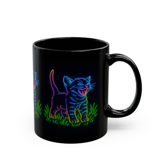 Neon Laughing Kitten Black Ceramic Mug – 11 oz Glow Cat Coffee Cup | Psychedelic Animal Art Mug | Funny Cat Lover Gift