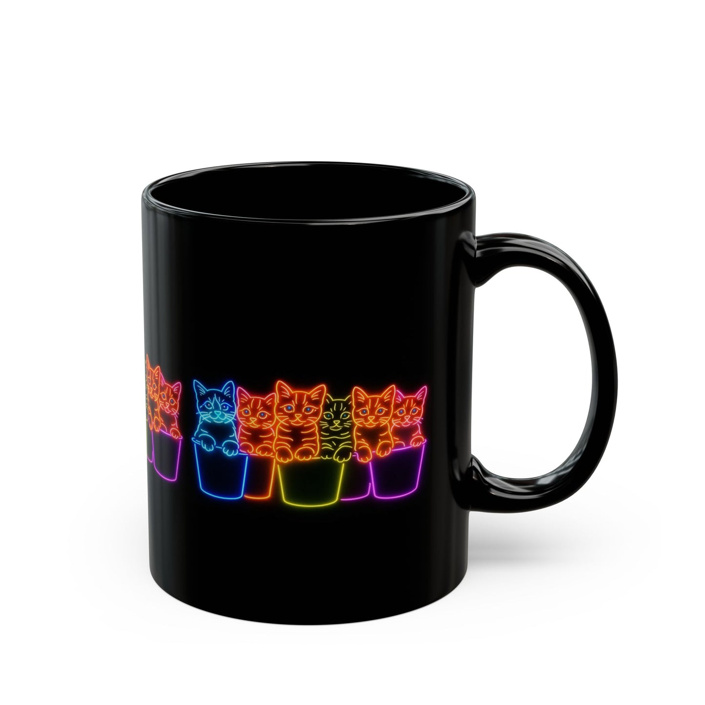 Rainbow Neon Cat Mug – Cute Kittens in Pots | 11oz & 15oz Black Ceramic Coffee Cup | Trippy Cat Lover Gift | Glow Pop Mug for Tea, Cocoa, or Chaos