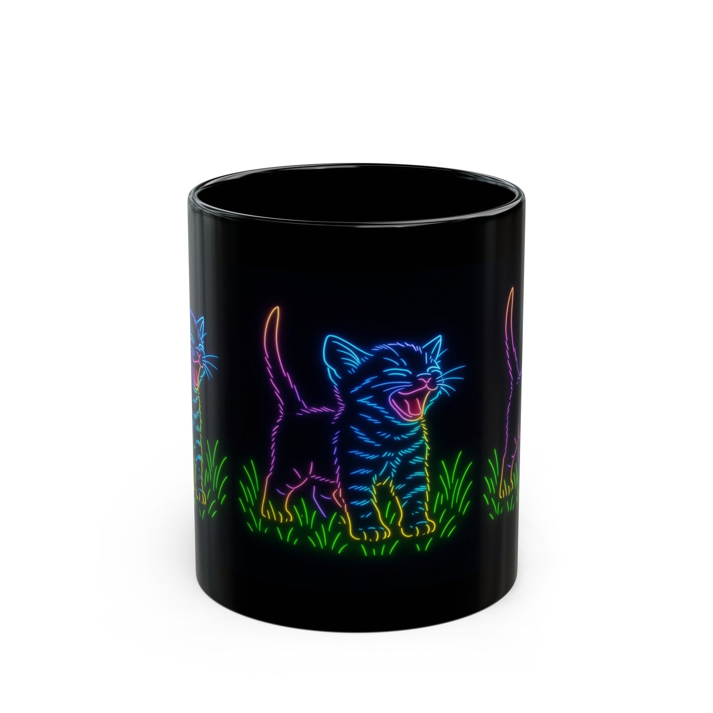 Neon Laughing Kitten Black Ceramic Mug – 11 oz Glow Cat Coffee Cup | Psychedelic Animal Art Mug | Funny Cat Lover Gift