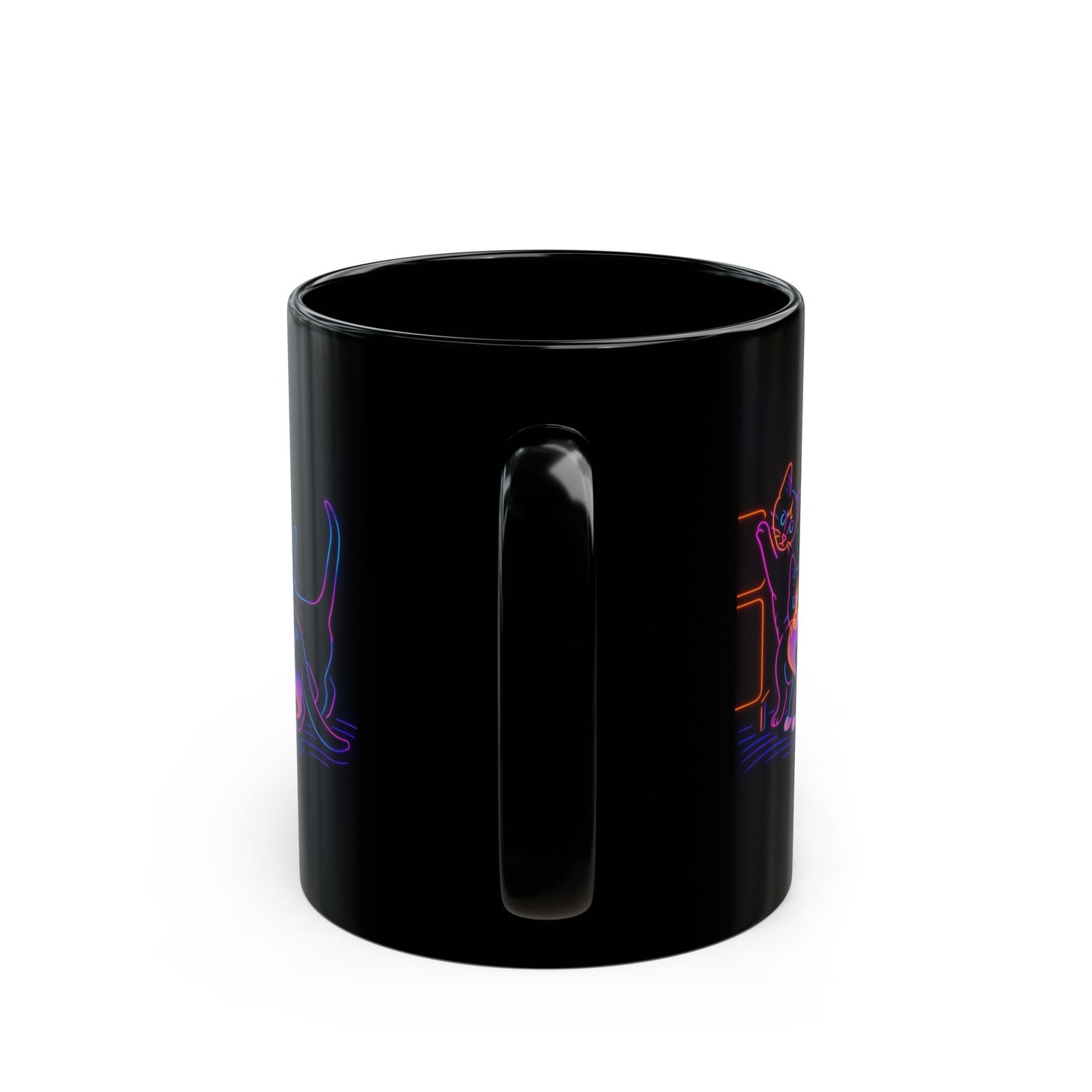 Neon Mischief Cat Mug – 11oz and 15oz Black Ceramic | Psychedelic Kitten Art | Funny Cat Lover Gift | Dishwasher Safe Coffee Cup
