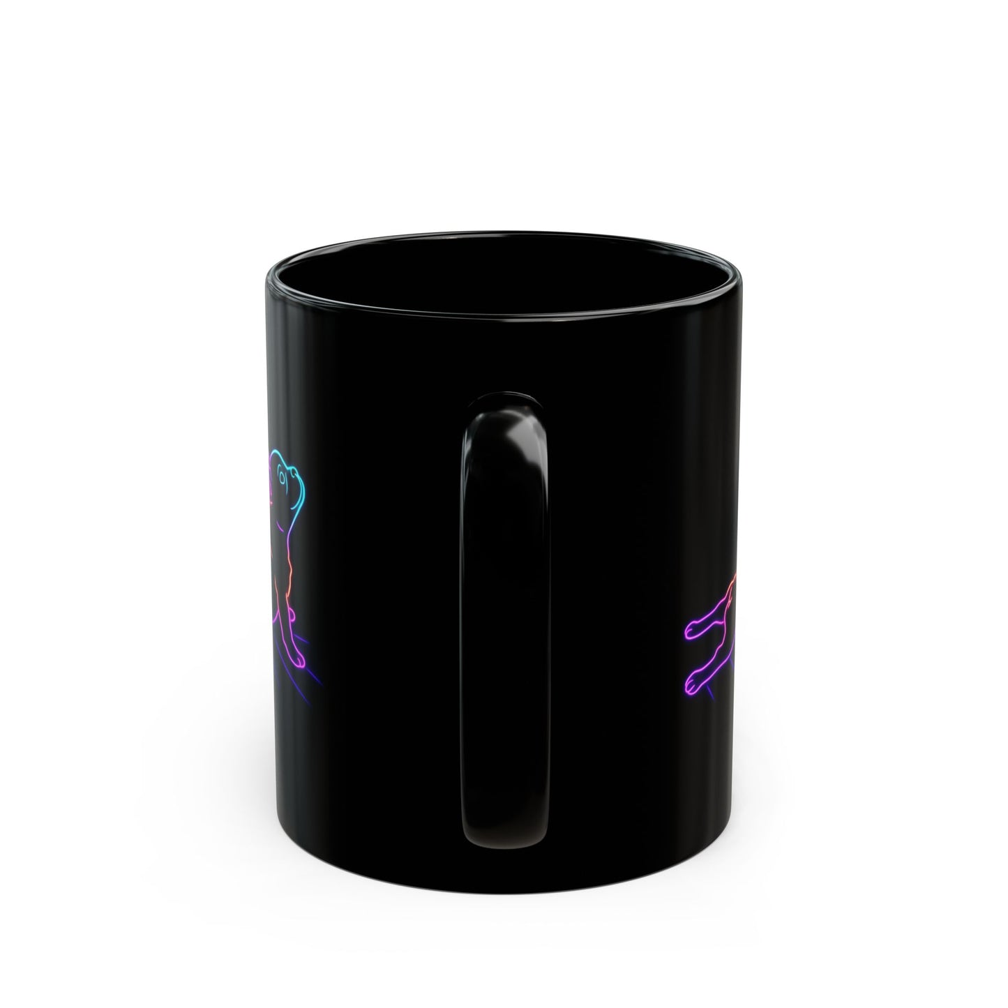 Neon Stretching Puppy Mug – 11oz and 15oz Black Ceramic Coffee Cup | Glow-in-the-Dark Style Dog Art | Funny Yoga Pup Gift for Dog Lovers