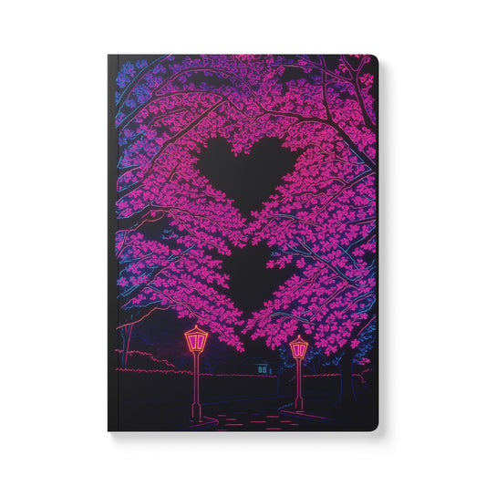 Neon Cherry Blossom Journal – Aesthetic Softcover Journal with Heart-Shaped Trees & Dreamy Night Scene | Romantic Writing, Manifestation & Daily Journaling