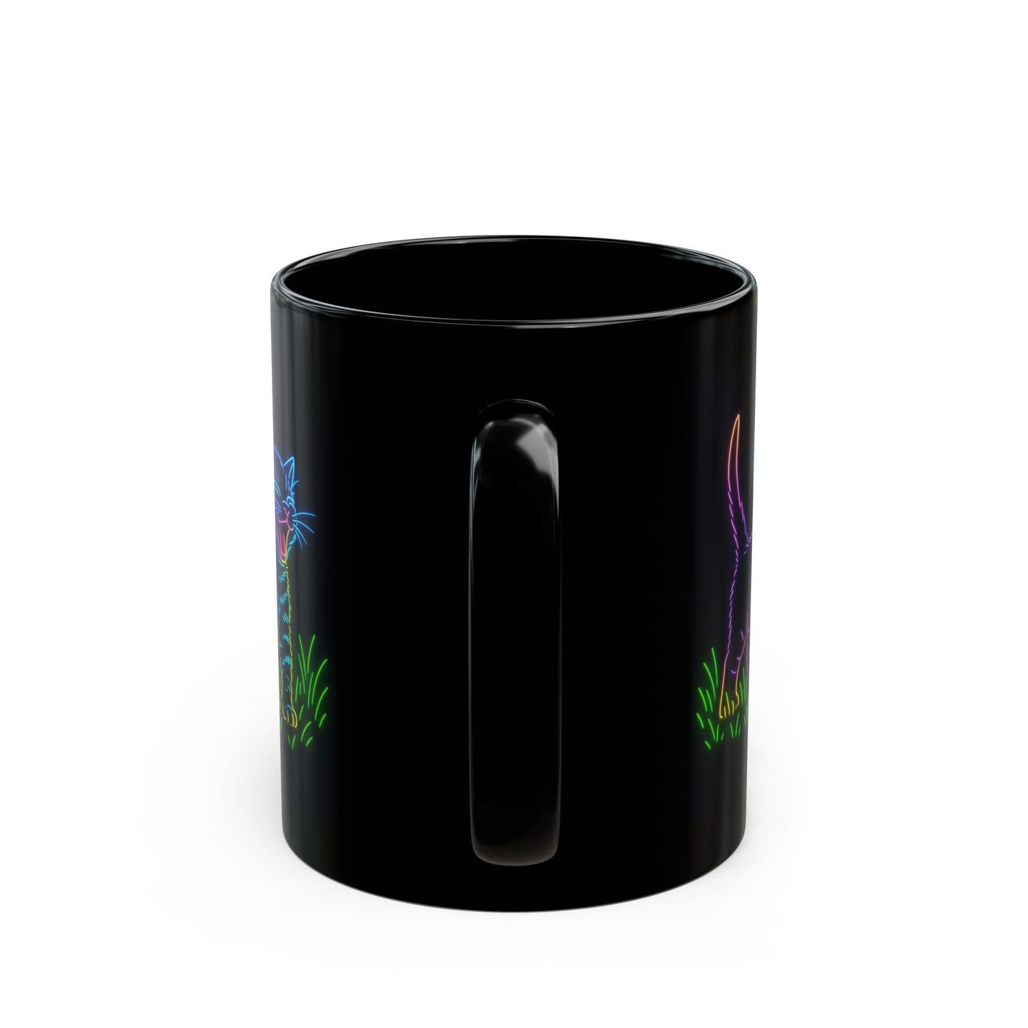 Neon Laughing Kitten Black Ceramic Mug – 11 oz Glow Cat Coffee Cup | Psychedelic Animal Art Mug | Funny Cat Lover Gift