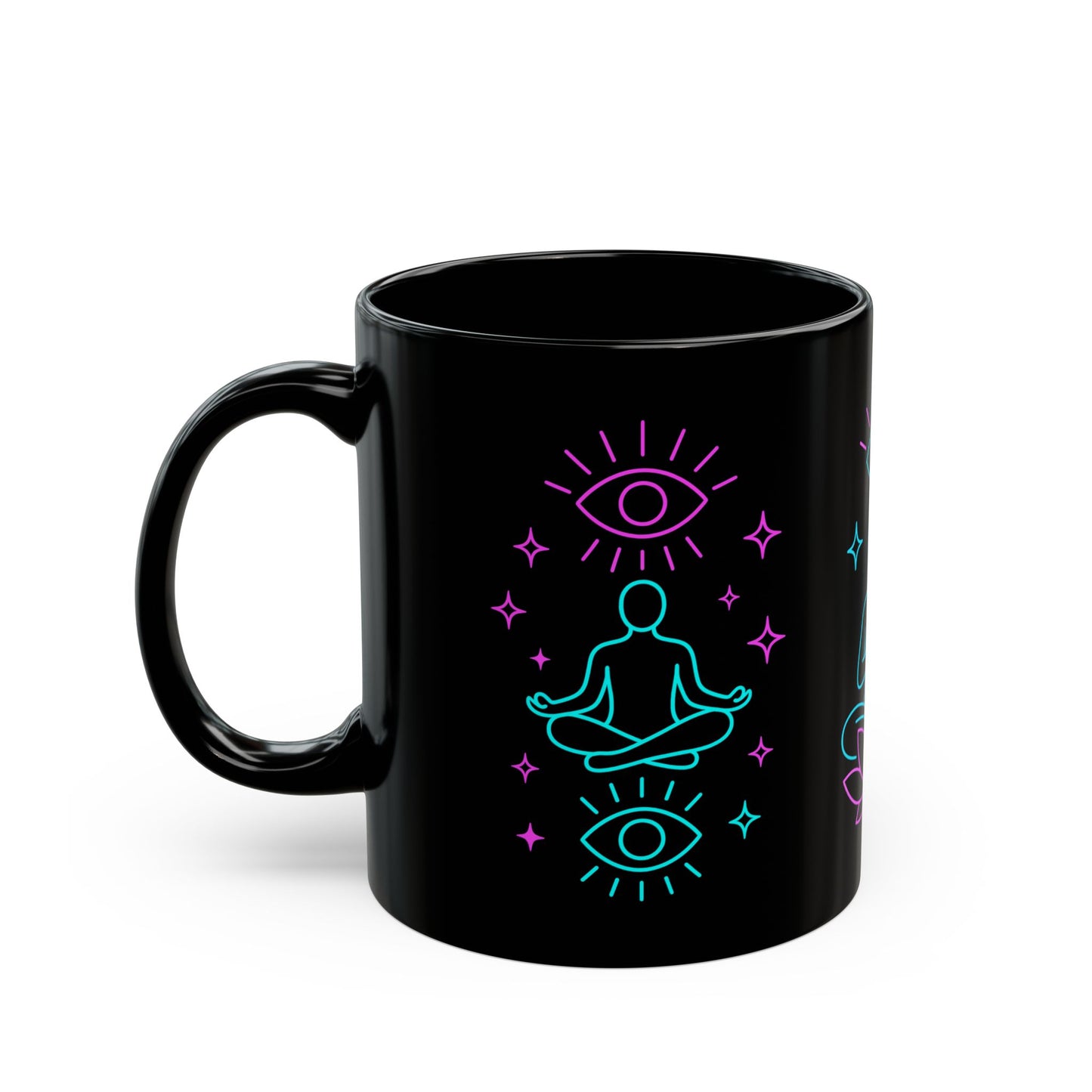 Neon Meditation Mug – 11oz & 15oz Black Ceramic | Mindfulness Yoga Mug with Third Eye & Lotus | Spiritual Gift for Zen Seekers & Tea Lovers