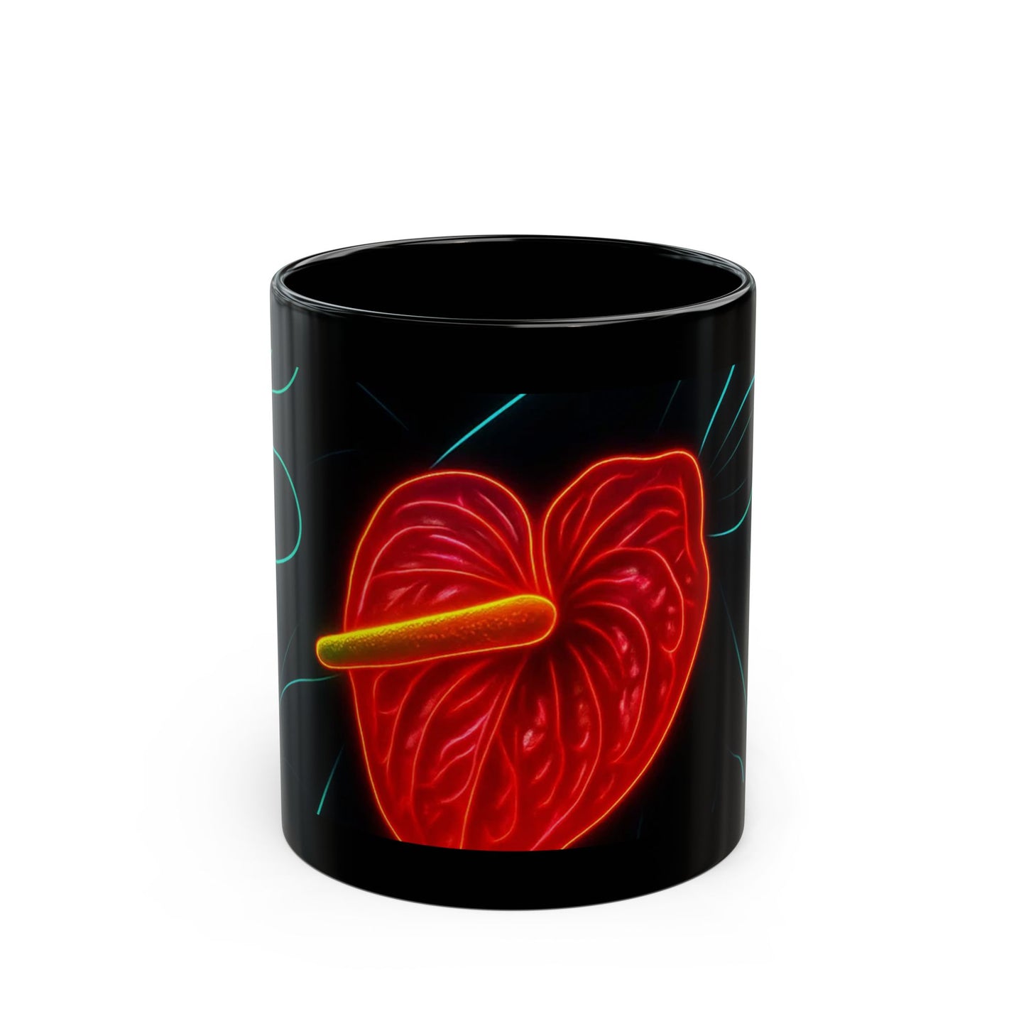 Vibrant Neon Heart Leaf Black Ceramic Mug – Botanical Aesthetic Coffee Cup for Plant Lovers, Gift for Nature Enthusiasts, Tropical Jungle Decor