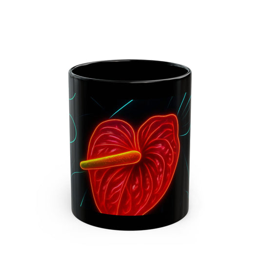 Vibrant Neon Heart Leaf Black Ceramic Mug – Botanical Aesthetic Coffee Cup for Plant Lovers, Gift for Nature Enthusiasts, Tropical Jungle Decor