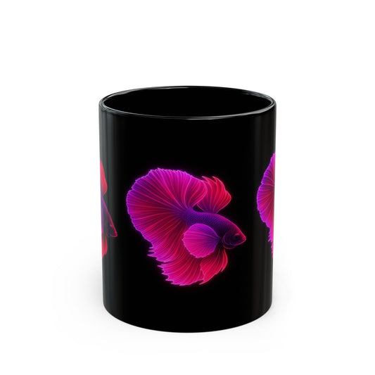 Neon Betta Fish Black Ceramic Mug – 11oz & 15oz | Vibrant Siamese Fighting Fish Art | Trippy Ocean Aesthetic Cup for Aquarium Lovers