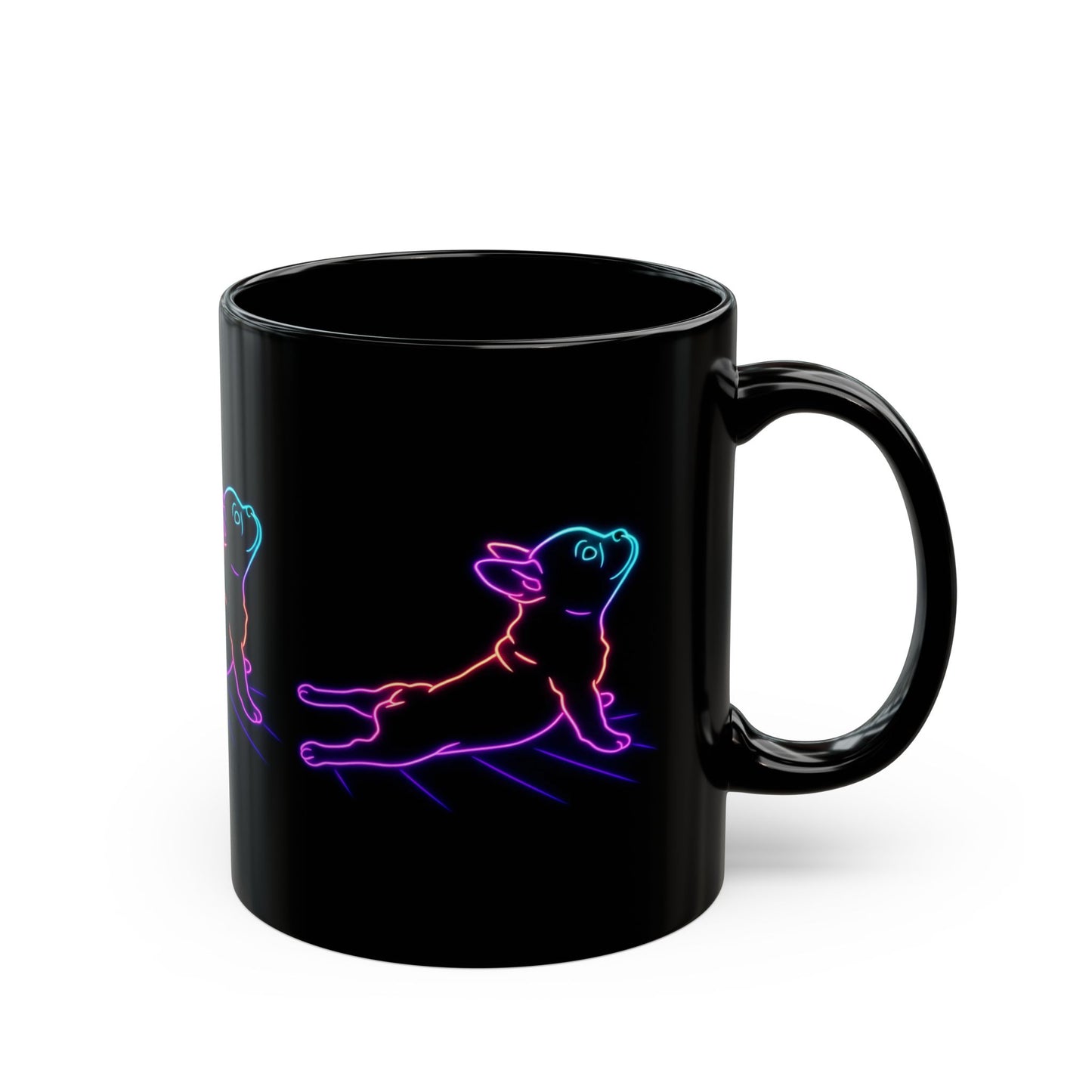 Neon Stretching Puppy Mug – 11oz and 15oz Black Ceramic Coffee Cup | Glow-in-the-Dark Style Dog Art | Funny Yoga Pup Gift for Dog Lovers