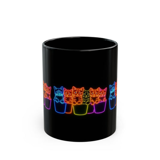 Rainbow Neon Cat Mug – Cute Kittens in Pots | 11oz & 15oz Black Ceramic Coffee Cup | Trippy Cat Lover Gift | Glow Pop Mug for Tea, Cocoa, or Chaos