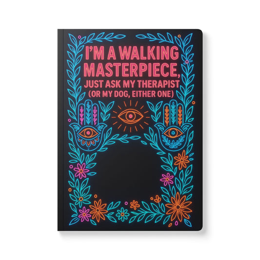 I’m a Walking Masterpiece Neon Self-Care Journal – Funny Mental Health Notebook with Hamsa and Floral Design for Therapy, Affirmations and Gratitude