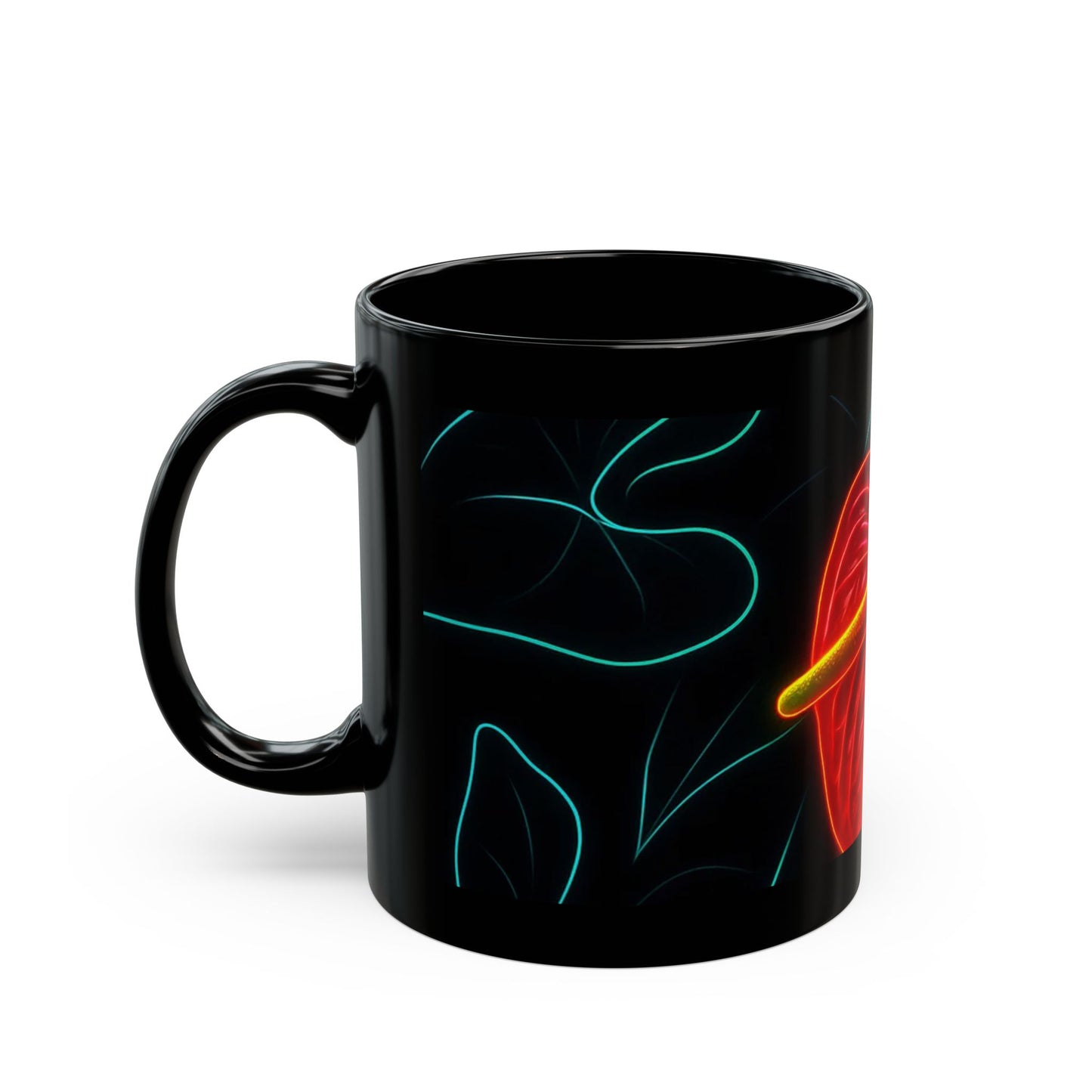 Vibrant Neon Heart Leaf Black Ceramic Mug – Botanical Aesthetic Coffee Cup for Plant Lovers, Gift for Nature Enthusiasts, Tropical Jungle Decor