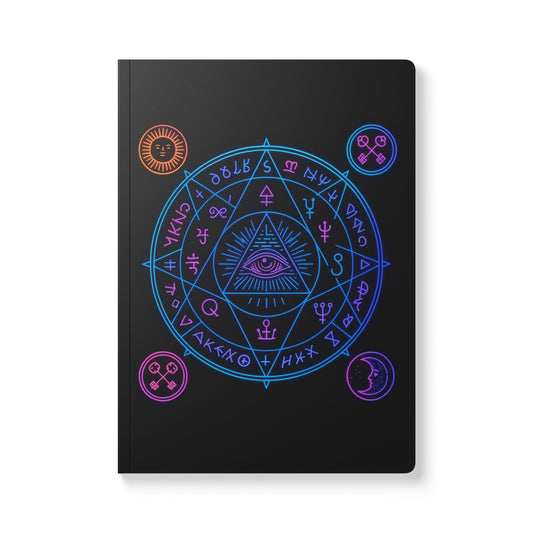 Neon Sigil Magic Journal – Occult Softcover Journal with All-Seeing Eye & Witchy Symbol Art for Spellwork, Rituals & Shadow Work