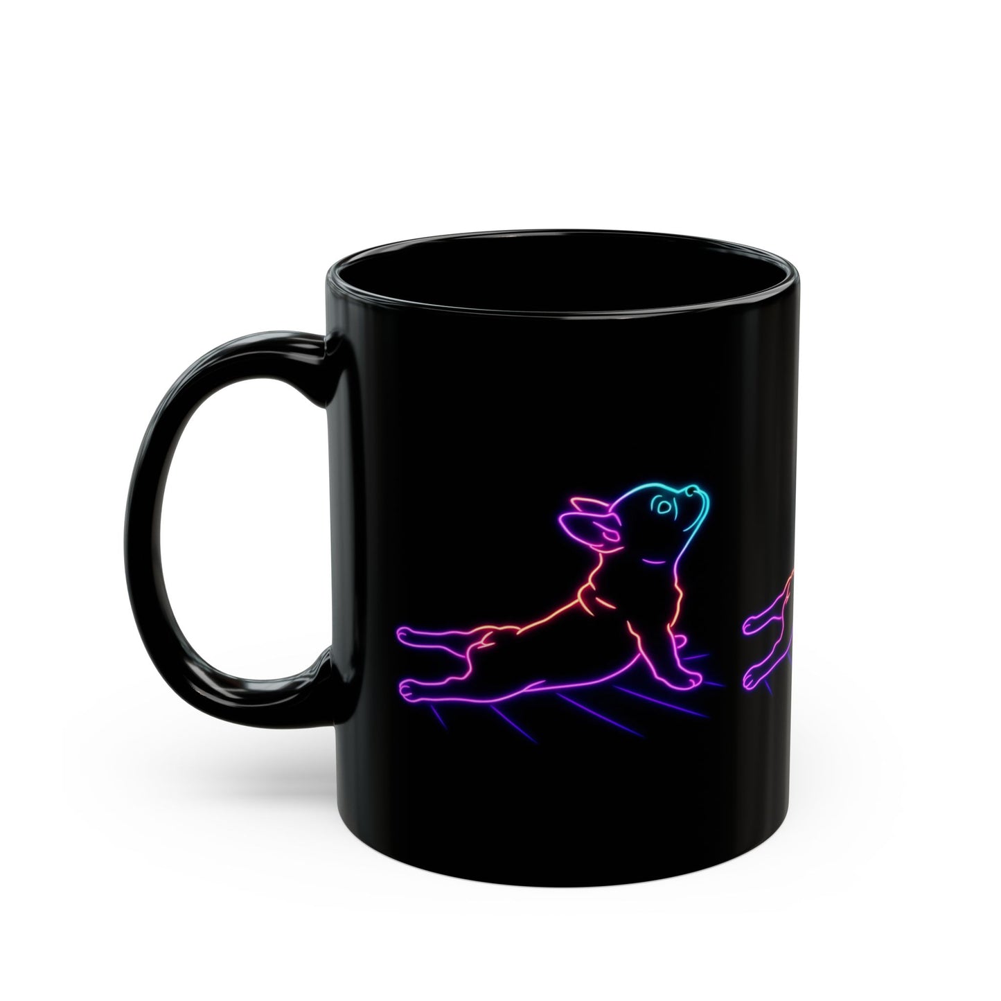 Neon Stretching Puppy Mug – 11oz and 15oz Black Ceramic Coffee Cup | Glow-in-the-Dark Style Dog Art | Funny Yoga Pup Gift for Dog Lovers