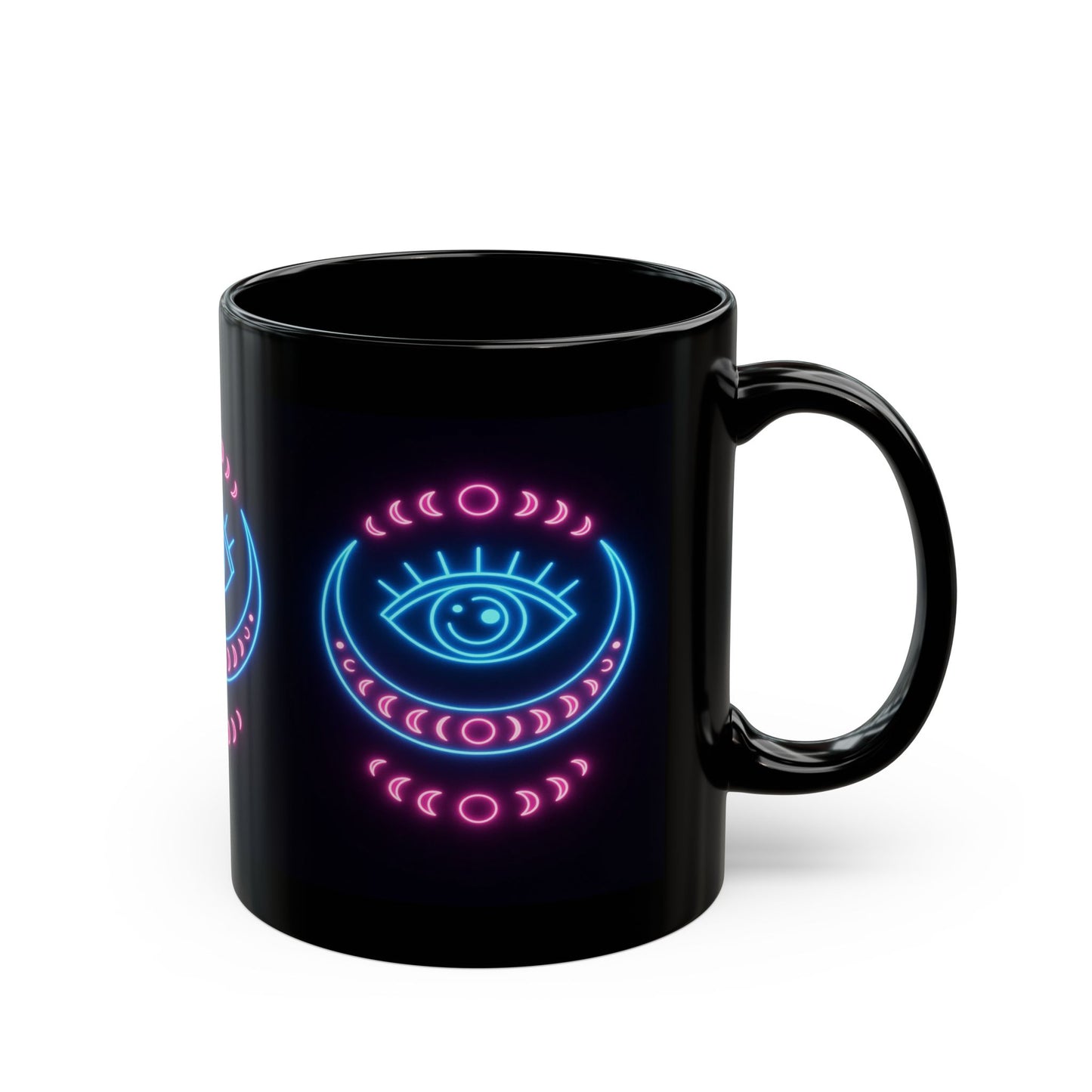 Neon Third Eye Moon Mug – 11oz & 15oz Black Ceramic | Psychedelic Eye of Intuition | Trippy Celestial Coffee Cup for Witchy Vibes & Cosmic Sips