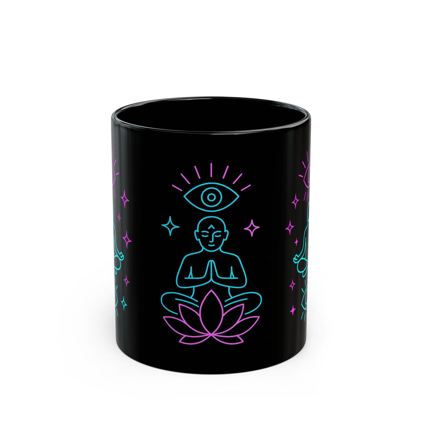 Neon Meditation Mug – 11oz & 15oz Black Ceramic | Mindfulness Yoga Mug with Third Eye & Lotus | Spiritual Gift for Zen Seekers & Tea Lovers