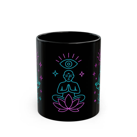Neon Meditation Mug – 11oz & 15oz Black Ceramic | Mindfulness Yoga Mug with Third Eye & Lotus | Spiritual Gift for Zen Seekers & Tea Lovers
