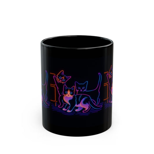 Neon Mischief Cat Mug – 11oz and 15oz Black Ceramic | Psychedelic Kitten Art | Funny Cat Lover Gift | Dishwasher Safe Coffee Cup