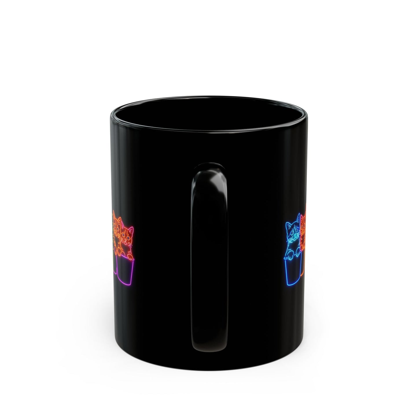 Rainbow Neon Cat Mug – Cute Kittens in Pots | 11oz & 15oz Black Ceramic Coffee Cup | Trippy Cat Lover Gift | Glow Pop Mug for Tea, Cocoa, or Chaos