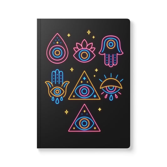 Third Eye Neon Journal – Spiritual Softcover Notebook with Hamsa, Sacred Symbols & Mystical Design | Manifestation & Ritual Writing Journal