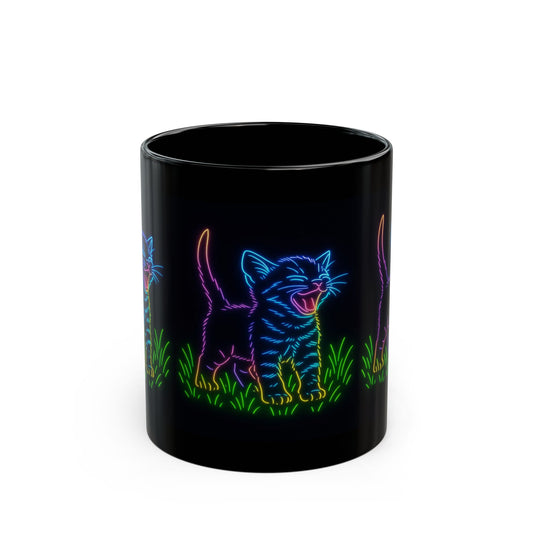 Neon Laughing Kitten Black Ceramic Mug – 11 oz Glow Cat Coffee Cup | Psychedelic Animal Art Mug | Funny Cat Lover Gift