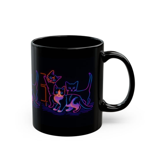 Neon Mischief Cat Mug – 11oz and 15oz Black Ceramic | Psychedelic Kitten Art | Funny Cat Lover Gift | Dishwasher Safe Coffee Cup