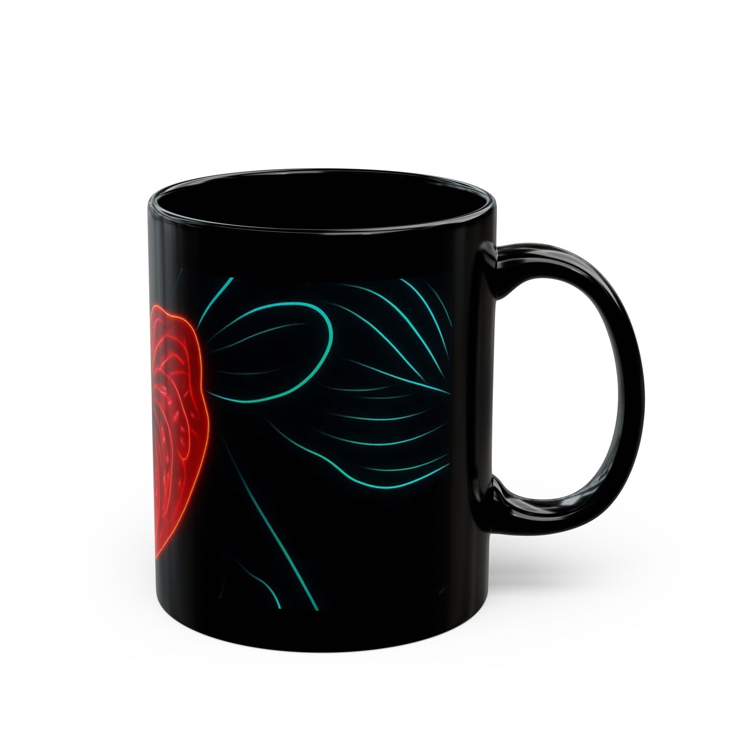 Vibrant Neon Heart Leaf Black Ceramic Mug – Botanical Aesthetic Coffee Cup for Plant Lovers, Gift for Nature Enthusiasts, Tropical Jungle Decor