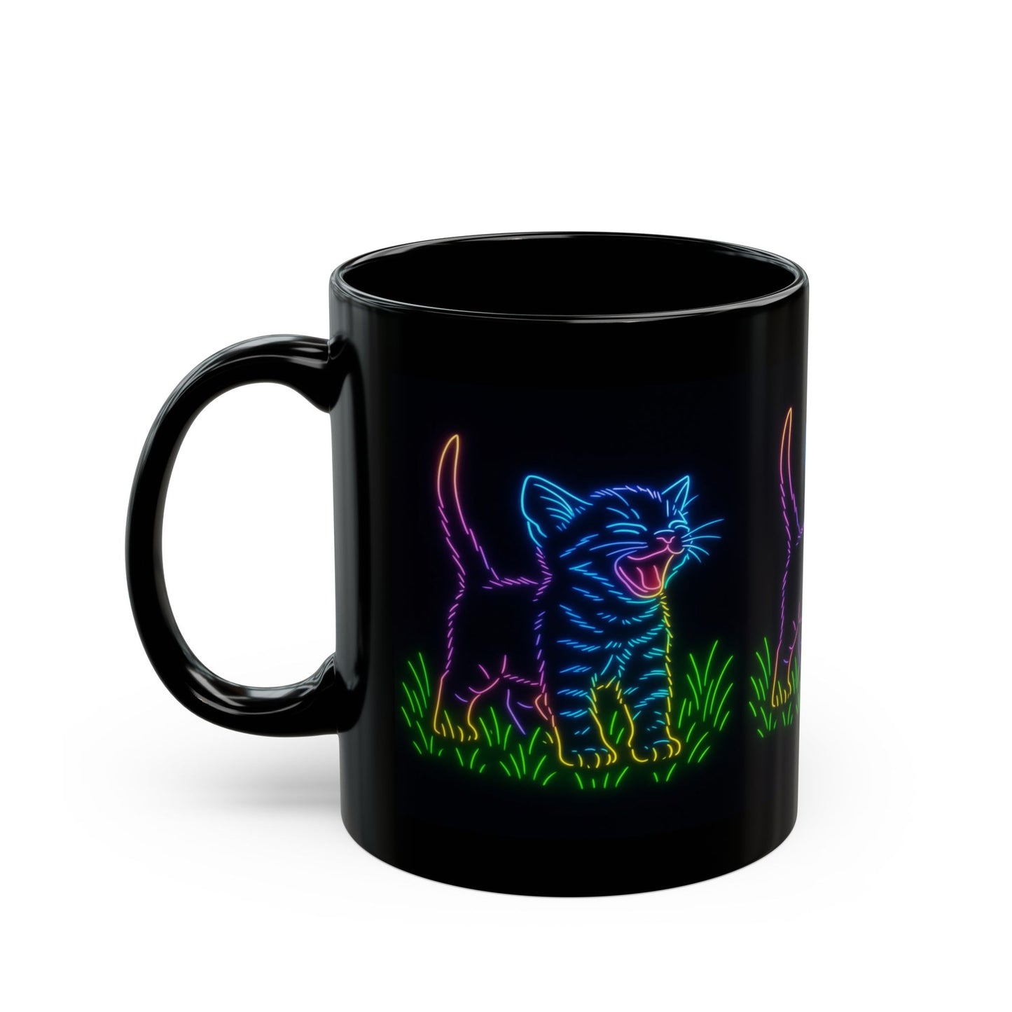 Neon Laughing Kitten Black Ceramic Mug – 11 oz Glow Cat Coffee Cup | Psychedelic Animal Art Mug | Funny Cat Lover Gift