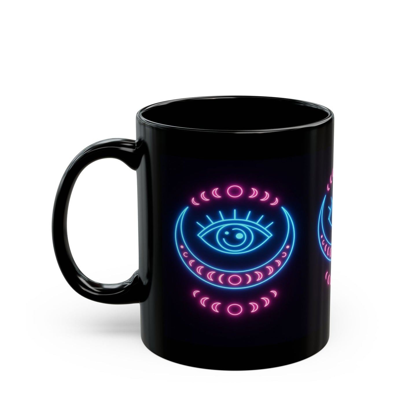 Neon Third Eye Moon Mug – 11oz & 15oz Black Ceramic | Psychedelic Eye of Intuition | Trippy Celestial Coffee Cup for Witchy Vibes & Cosmic Sips