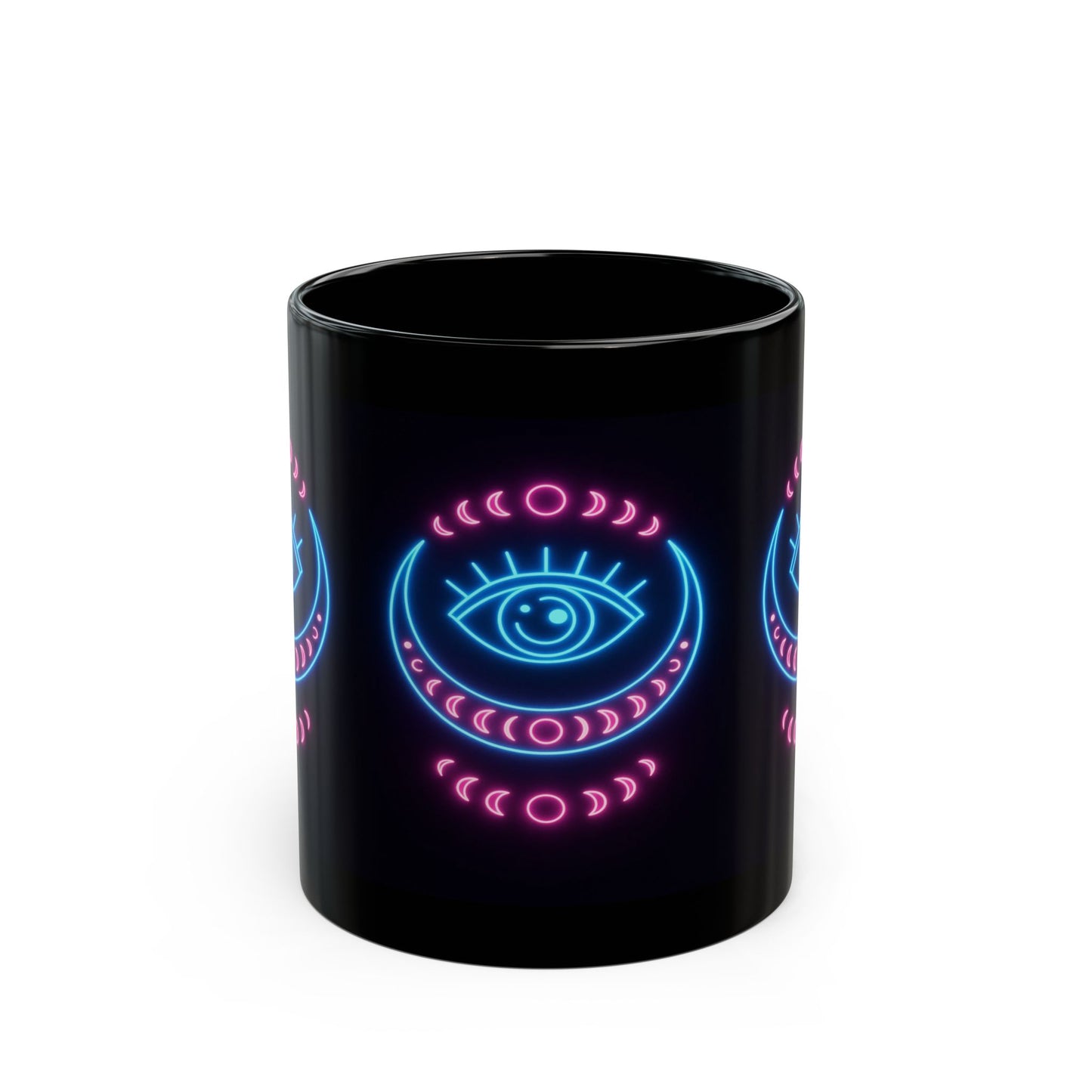 Neon Third Eye Moon Mug – 11oz & 15oz Black Ceramic | Psychedelic Eye of Intuition | Trippy Celestial Coffee Cup for Witchy Vibes & Cosmic Sips