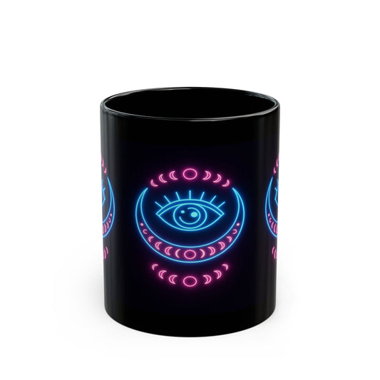 Neon Third Eye Moon Mug – 11oz & 15oz Black Ceramic | Psychedelic Eye of Intuition | Trippy Celestial Coffee Cup for Witchy Vibes & Cosmic Sips