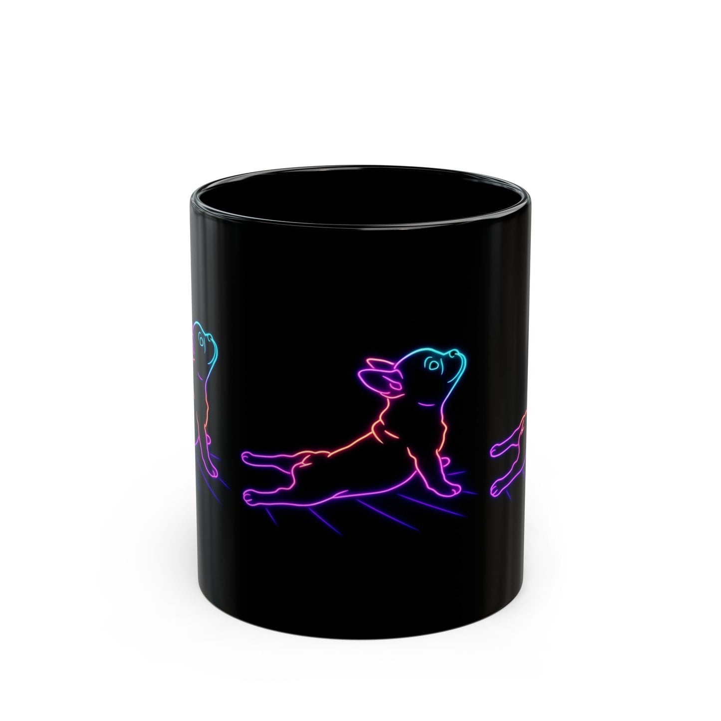 Neon Stretching Puppy Mug – 11oz and 15oz Black Ceramic Coffee Cup | Glow-in-the-Dark Style Dog Art | Funny Yoga Pup Gift for Dog Lovers