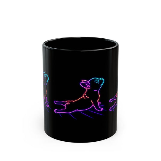 Neon Stretching Puppy Mug – 11oz and 15oz Black Ceramic Coffee Cup | Glow-in-the-Dark Style Dog Art | Funny Yoga Pup Gift for Dog Lovers
