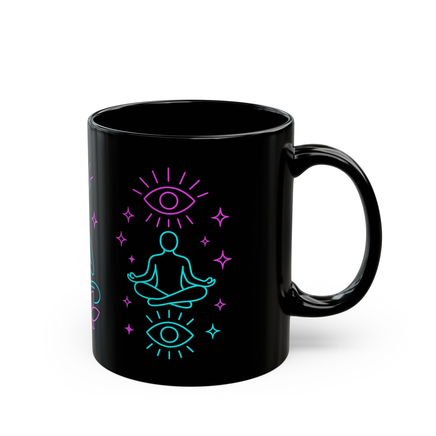 Neon Meditation Mug – 11oz & 15oz Black Ceramic | Mindfulness Yoga Mug with Third Eye & Lotus | Spiritual Gift for Zen Seekers & Tea Lovers