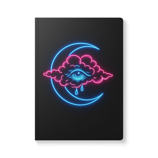 Neon Crescent Moon Journal – Mystical Softcover Journal with Teardrop Eye and Cloud Design | Dream Journal, Shadow Work and Lunar Manifestation Gift